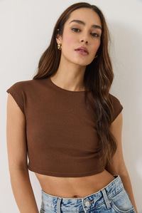 Kadın Bisiklet Yaka Kısa Kollu Basic Kaşkorse Crop Top T-Shirt 60602044 - Acı Kahve