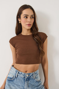 Kadın Bisiklet Yaka Kısa Kollu Basic Kaşkorse Crop Top T-Shirt 60602044 - Acı Kahve