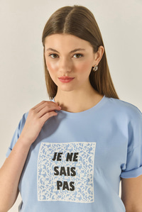 Kadın Bisiklet Yaka Kısa Kollu Baskılı Pamuklu Salaş T-Shirt 5447 60283289 - Bebe Mavisi