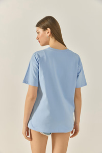 Kadın Bisiklet Yaka Kısa Kollu Baskılı Pamuklu Salaş T-Shirt 5447 60283289 - Bebe Mavisi