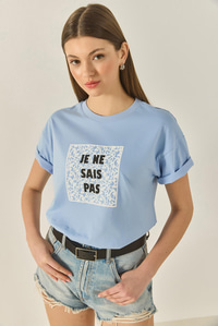 Kadın Bisiklet Yaka Kısa Kollu Baskılı Pamuklu Salaş T-Shirt 5447 60283289 - Bebe Mavisi