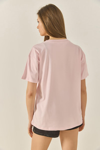Kadın Bisiklet Yaka Kısa Kollu Baskılı Pamuklu Salaş T-Shirt 5447 60283289 - Pudra