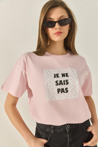 Kadın Bisiklet Yaka Kısa Kollu Baskılı Pamuklu Salaş T-Shirt 5447 60283289 - Pudra