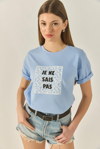 Kadın Bisiklet Yaka Kısa Kollu Baskılı Pamuklu Salaş T-Shirt 5447 60283289 - Bebe Mavisi