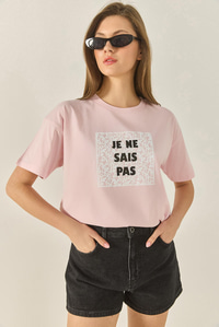 Kadın Bisiklet Yaka Kısa Kollu Baskılı Pamuklu Salaş T-Shirt 5447 60283289 - Pudra