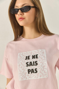 Kadın Bisiklet Yaka Kısa Kollu Baskılı Pamuklu Salaş T-Shirt 5447 60283289 - Pudra