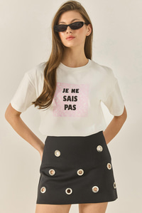 Kadın Bisiklet Yaka Kısa Kollu Baskılı Pamuklu Salaş T-Shirt 5447 60283289 - Beyaz