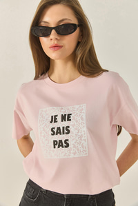 Kadın Bisiklet Yaka Kısa Kollu Baskılı Pamuklu Salaş T-Shirt 5447 60283289 - Pudra
