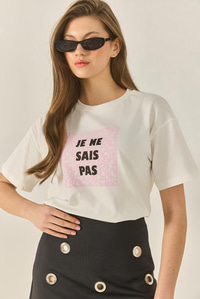 Kadın Bisiklet Yaka Kısa Kollu Baskılı Pamuklu Salaş T-Shirt 5447 60283289 - Beyaz