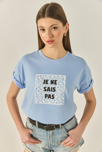 Kadın Bisiklet Yaka Kısa Kollu Baskılı Pamuklu Salaş T-Shirt 5447 60283289 - Bebe Mavisi
