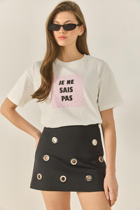 Kadın Bisiklet Yaka Kısa Kollu Baskılı Pamuklu Salaş T-Shirt 5447 60283289 - Beyaz