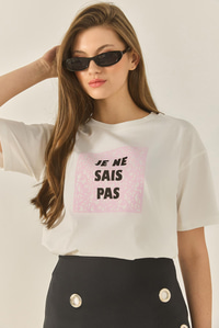 Kadın Bisiklet Yaka Kısa Kollu Baskılı Pamuklu Salaş T-Shirt 5447 60283289 - Beyaz
