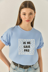 Kadın Bisiklet Yaka Kısa Kollu Baskılı Pamuklu Salaş T-Shirt 5447 60283289 - Bebe Mavisi