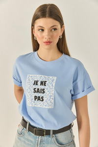 Kadın Bisiklet Yaka Kısa Kollu Baskılı Pamuklu Salaş T-Shirt 5447 60283289 - Bebe Mavisi