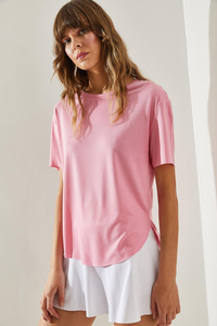 Kadın Bisiklet Yaka Kısa Kollu Oval Kesim Basic T-Shirt 60251364 - Pembe T-SHİRT modelleri