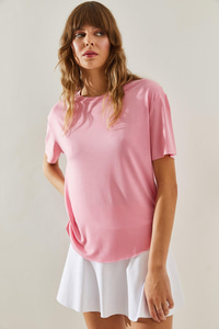 Kadın Bisiklet Yaka Kısa Kollu Oval Kesim Basic T-Shirt 60251364 - Pembe T-SHİRT modelleri