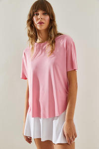 Kadın Bisiklet Yaka Kısa Kollu Oval Kesim Basic T-Shirt 60251364 - Pembe T-SHİRT modelleri