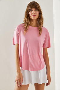 Kadın Bisiklet Yaka Kısa Kollu Oval Kesim Basic T-Shirt 60251364 - Pembe T-SHİRT modelleri