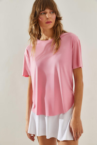 Kadın Bisiklet Yaka Kısa Kollu Oval Kesim Basic T-Shirt 60251364 - Pembe T-SHİRT modelleri