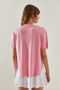 Kadın Bisiklet Yaka Kısa Kollu Oval Kesim Basic T-Shirt 60251364 - Pembe T-SHİRT modelleri