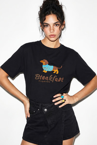 Kadın Bisiklet Yaka Nakış ve Boncuk İşlemeli Oversize T-Shirt 2221 60286122 - Siyah T-SHİRT modelleri