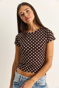 Kadın Bisiklet Yaka Puantiyeli Kısa Kollu Likralı Crop T-Shirt 6137 60286127 - Kahverengi-Bej T-SHİRT modelleri
