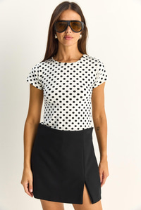 Kadın Bisiklet Yaka Puantiyeli Kısa Kollu Likralı Crop T-Shirt 6137 60286127 - Beyaz-Siyah T-SHİRT modelleri