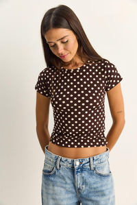Kadın Bisiklet Yaka Puantiyeli Kısa Kollu Likralı Crop T-Shirt 6137 60286127 - Kahverengi-Bej T-SHİRT modelleri