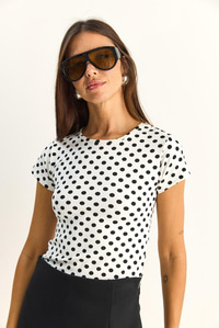 Kadın Bisiklet Yaka Puantiyeli Kısa Kollu Likralı Crop T-Shirt 6137 60286127 - Beyaz-Siyah T-SHİRT modelleri
