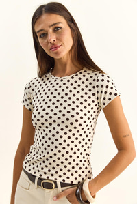 Kadın Bisiklet Yaka Puantiyeli Kısa Kollu Likralı Crop T-Shirt 6137 60286127 - Bej-Kahverengi T-SHİRT modelleri