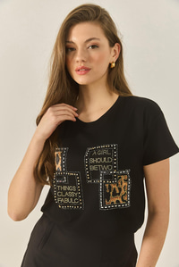 Kadın Bisiklet Yaka Taş Baskılı Leopar Detaylı Normal Kalıp Pamuklu T-Shirt 1844 60283286 - Siyah