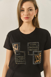 Kadın Bisiklet Yaka Taş Baskılı Leopar Detaylı Normal Kalıp Pamuklu T-Shirt 1844 60283286 - Siyah