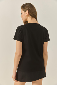 Kadın Bisiklet Yaka Taş Baskılı Leopar Detaylı Normal Kalıp Pamuklu T-Shirt 1844 60283286 - Siyah