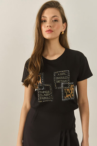 Kadın Bisiklet Yaka Taş Baskılı Leopar Detaylı Normal Kalıp Pamuklu T-Shirt 1844 60283286 - Siyah