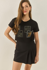 Kadın Bisiklet Yaka Taş Baskılı Leopar Detaylı Normal Kalıp Pamuklu T-Shirt 1844 60283286 - Siyah