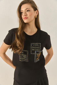 Kadın Bisiklet Yaka Taş Baskılı Leopar Detaylı Normal Kalıp Pamuklu T-Shirt 1844 60283286 - Siyah