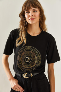 Kadın Bisiklet Yaka Taş Detaylı Basic Penye T-Shirt 60251238 - Siyah T-SHİRT modelleri