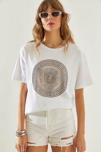 Kadın Bisiklet Yaka Taş Detaylı Basic Penye T-Shirt 60251238 - Beyaz T-SHİRT modelleri