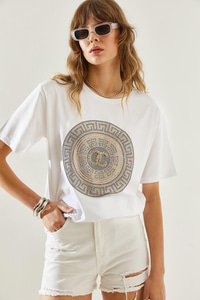 Kadın Bisiklet Yaka Taş Detaylı Basic Penye T-Shirt 60251238 - Beyaz T-SHİRT modelleri