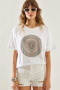 Kadın Bisiklet Yaka Taş Detaylı Basic Penye T-Shirt 60251238 - Beyaz T-SHİRT modelleri