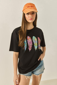 Kadın Bisiklet Yaka Tüy Desen Boncuk İşlemeli Oversize Pamuklu T-Shirt 1820 60283285 - Siyah