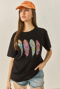 Kadın Bisiklet Yaka Tüy Desen Boncuk İşlemeli Oversize Pamuklu T-Shirt 1820 60283285 - Siyah