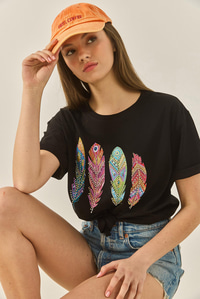 Kadın Bisiklet Yaka Tüy Desen Boncuk İşlemeli Oversize Pamuklu T-Shirt 1820 60283285 - Siyah
