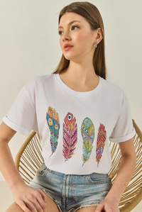 Kadın Bisiklet Yaka Tüy Desen Boncuk İşlemeli Oversize Pamuklu T-Shirt 1820 60283285 - Beyaz