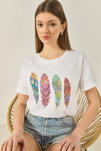 Kadın Bisiklet Yaka Tüy Desen Boncuk İşlemeli Oversize Pamuklu T-Shirt 1820 60283285 - Beyaz