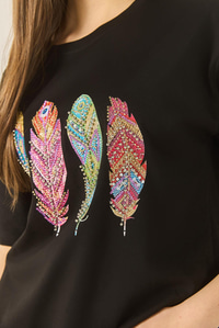 Kadın Bisiklet Yaka Tüy Desen Boncuk İşlemeli Oversize Pamuklu T-Shirt 1820 60283285 - Siyah