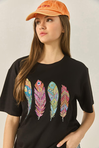 Kadın Bisiklet Yaka Tüy Desen Boncuk İşlemeli Oversize Pamuklu T-Shirt 1820 60283285 - Siyah