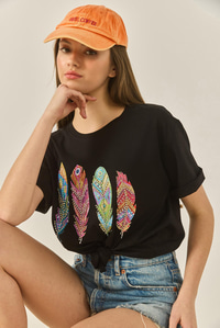 Kadın Bisiklet Yaka Tüy Desen Boncuk İşlemeli Oversize Pamuklu T-Shirt 1820 60283285 - Siyah