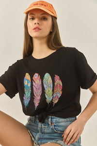 Kadın Bisiklet Yaka Tüy Desen Boncuk İşlemeli Oversize Pamuklu T-Shirt 1820 60283285 - Siyah