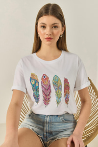 Kadın Bisiklet Yaka Tüy Desen Boncuk İşlemeli Oversize Pamuklu T-Shirt 1820 60283285 - Beyaz